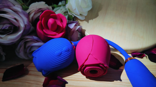 two red rose toy and a blue rose toy
