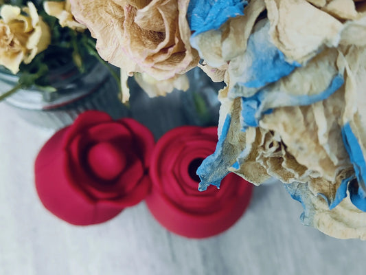 two red rose toy and some flowers